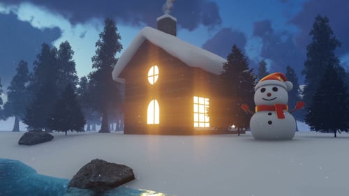 Cozy Winter Cabin with Snowman and Falling Snow