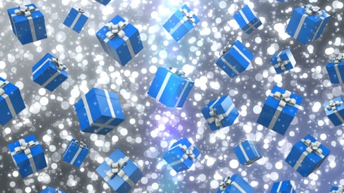 Looping Animation of Falling Blue Gift Boxes with Glitter Background