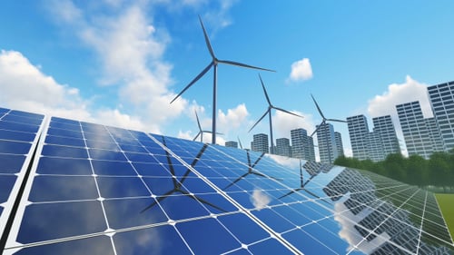 Renewable Energy City: Solar Panels and Wind Turbines Animation