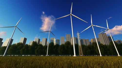 Green Energy Wind Turbines in Modern City Landscape