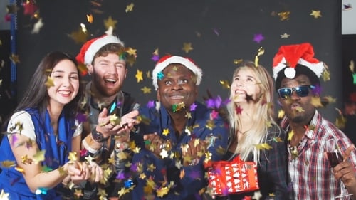 Friends Throwing Glitter Confetti and Makes Selfie at Christmas Party
