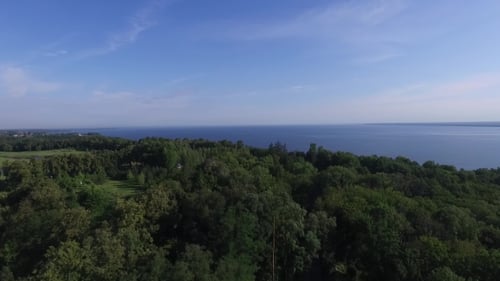 Aerial Drone Flight Footage above Calm Water and Forest in Sunset Soft Light