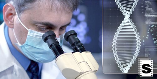 Doctor Examining Sample Through Microscope Near DNA Graphic