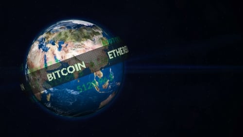 Running Line with Popular Cryptocurrency Revolves Around a Planet Earth Globe