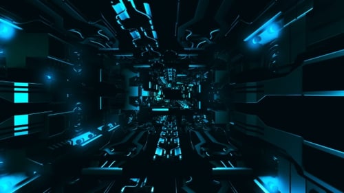 Fliege in einen futuristischen metallischen Korridor