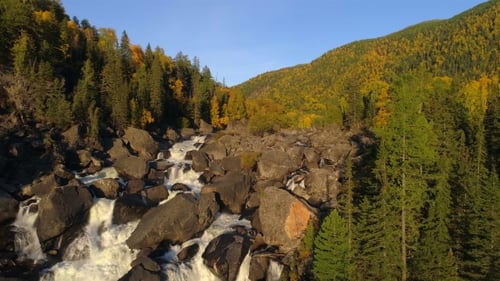 Aerial View of Waterfall, Flying Over Autumn Forest, Waterfall with Big Stones