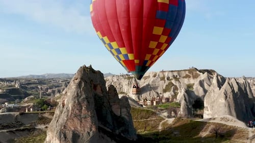 Colourful Red Blue Yellow Colours Hot Air Baloons Aerial Drone Flight. The Great Tourist Attraction