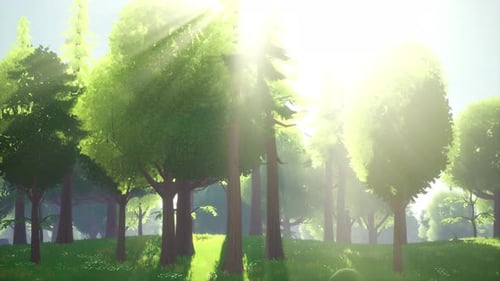 Cartoon Green Forest Landscape with Trees and Flowers