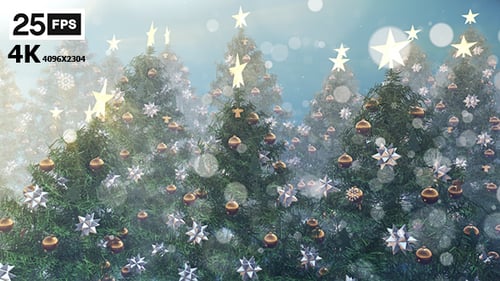 Christmas Trees with Falling Snow and Twinkling Stars Background Loop