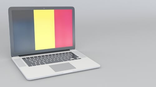 Opening and Closing Laptop with Flag of Belgium the Screen