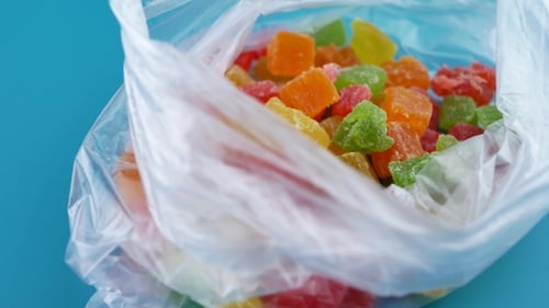 Colorful Candied Fruit Pieces in Clear Plastic Bag