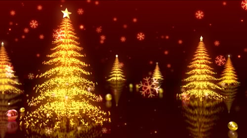 Animated Christmas Trees with Golden Sparkles and Falling Snowflakes