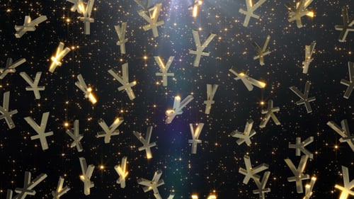 Golden Yen Yuan Symbols Falling Abstract Financial Background