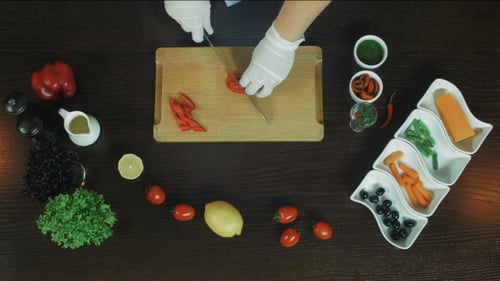 Preparing Vegetables on a Cutting Board from Above