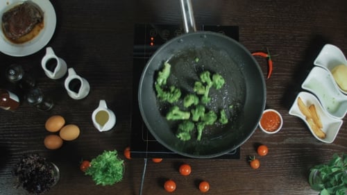 Broccoli Frying in a Pot with Oil