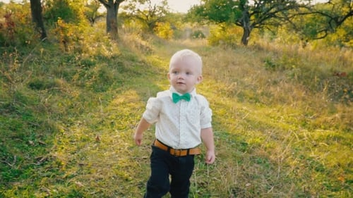 Happy Child Walks in Rural Grassy Meadow