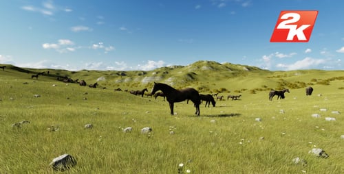 Animated Horses Grazing in Green Mountain Landscape