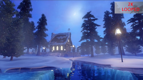 Cozy Winter Christmas House with Flowing Stream and Snow