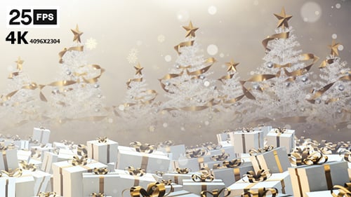 Elegant Christmas Background with Golden Gifts and Snowy Trees