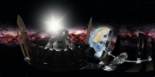 Un astronaute et une station spatiale internationale en orbitant autour de la Terre en réalité virtuelle