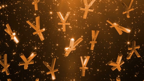 Falling Golden Yen Currency Symbols with Sparkling Particles