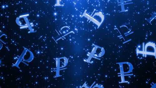 Falling Blue Digital Ruble Currency Symbols Background