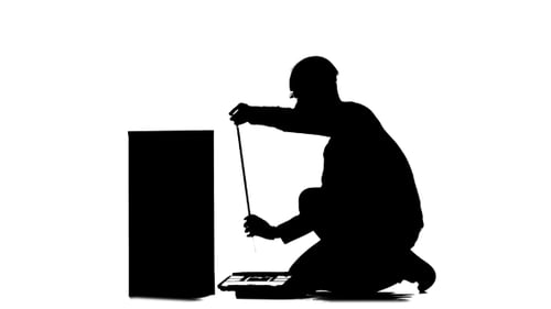 Worker Measures Roulette Measurements for the Drawing. Silhouette. White Background