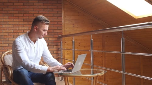 Successful Businessman Using Laptop at Home Living Room Home Office, Professional Male Employer