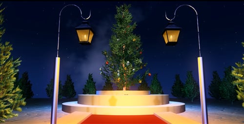 Festive Christmas Tree Entrance with Red Carpet at Night