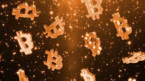 Golden Bitcoin Cryptocurrency Symbols Falling on Sparkling Background Loop