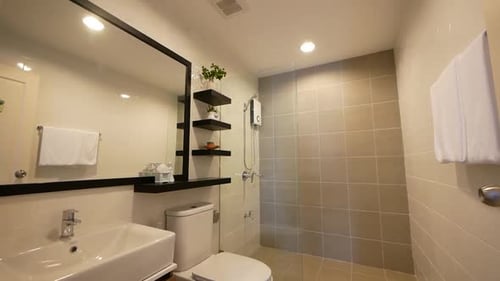 Bright, Modern Bathroom Interior With Shower and Shelves