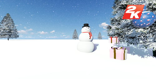 Animated Christmas Winter Scene with Snowman, Tree, and Gifts