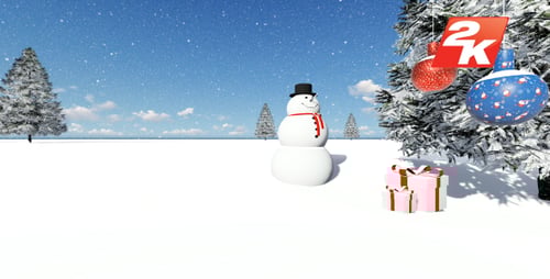 Festive Winter Scene with Falling Snow, Snowman, and Christmas Tree