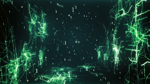 Voler dans un tunnel abstrait à partir des lignes et des points formant un dessin de circuits