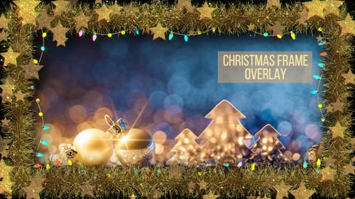 Christmas Frame with Golden Tinsel and Twinkling Lights