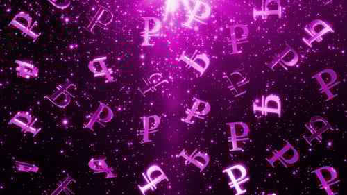 Shiny Pink Ruble Symbols Falling with Particles