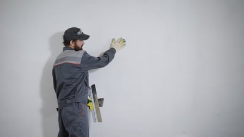 Adult Assesses White Wall in Work Suit