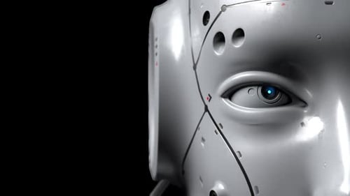 Die Augen des Roboters werden aus nächster Nähe aufgenommen und beobachten, was vor sich geht