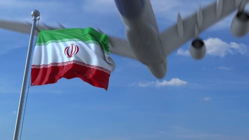 Flag of Iran Waving in Sky with Passenger Airplane Passing By