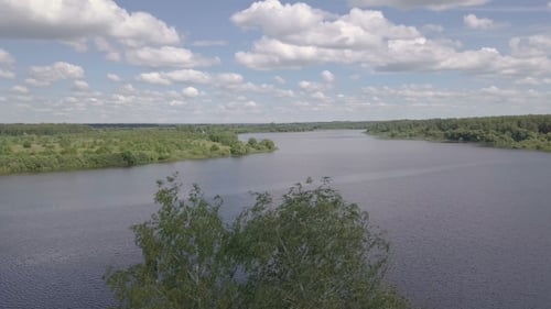 Drone View Water Surface River. Waves on Surface River Aerial View. Panoramic View Water Surface