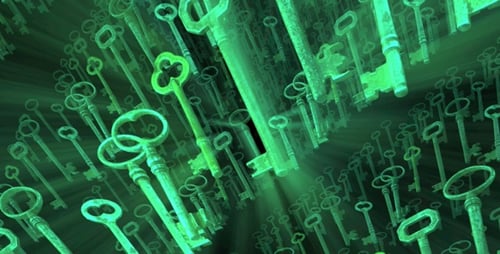 Animated Glowing Green Keys Flying Through Digital Space