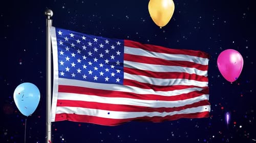 American Flag Waving with Fireworks, Confetti, and Balloons