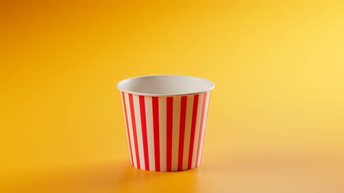 Realistic Popcorn Falling into Striped Cup on Yellow Background