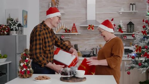 Festive Elderly Couple Exchange Christmas Gifts at Home