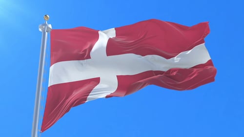 Realistic Danish National Flag Waving in Blue Sky