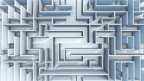 Seamless Flight Over Endless Maze with Illuminated Blue Walls