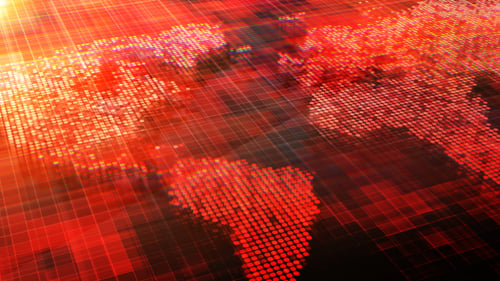 Animated Digital World Map with Glitch Effects and Grid Overlay