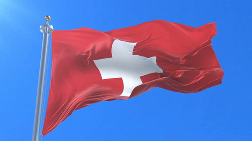 Realistic Waving Swiss Flag Animation on a Clear Blue Sky