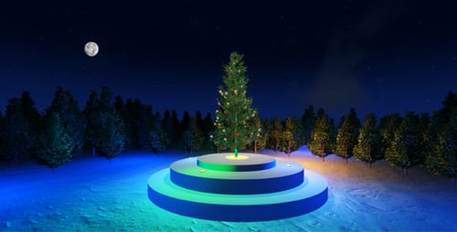 Animated Christmas Tree with Colorful Lights in Snowy Night Landscape