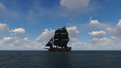 Pirate Ship Sailing on Vast Blue Ocean Under Cloudy Sky